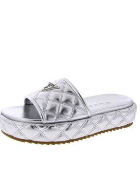 GUESS Longo Logo Quilted Vegan Leather Platform Slip On Sandals